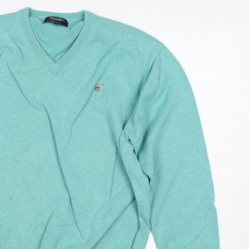 GANT Women Blue L Cotton V-Neck Logo Knit Pullover Jumper