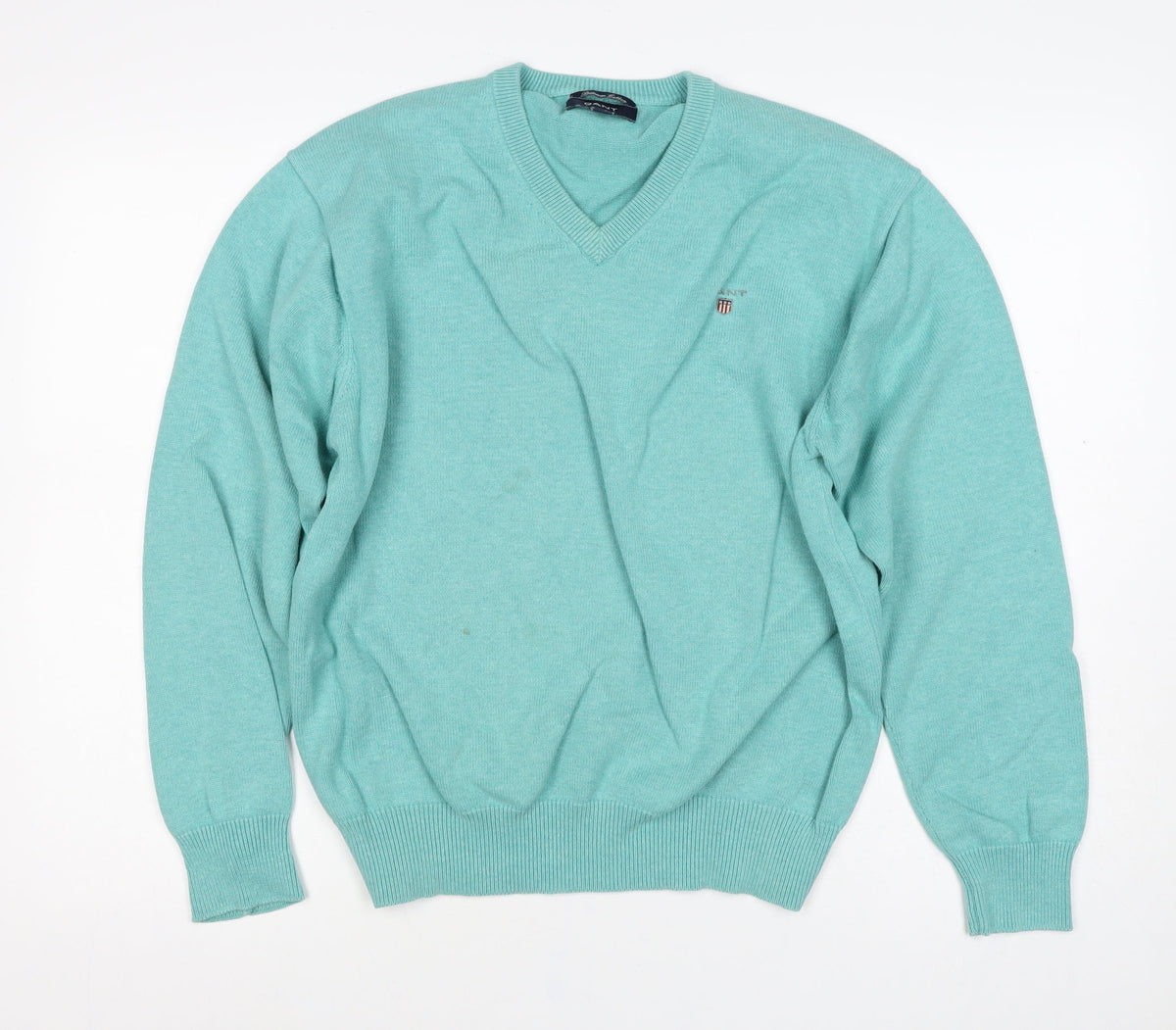 GANT Women Blue L Cotton V-Neck Logo Knit Pullover Jumper