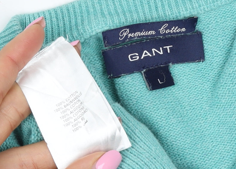 GANT Women Blue L Cotton V-Neck Logo Knit Pullover Jumper