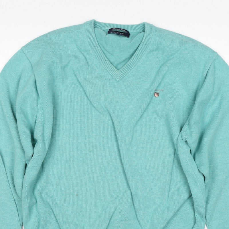 GANT Women Blue L Cotton V-Neck Logo Knit Pullover Jumper