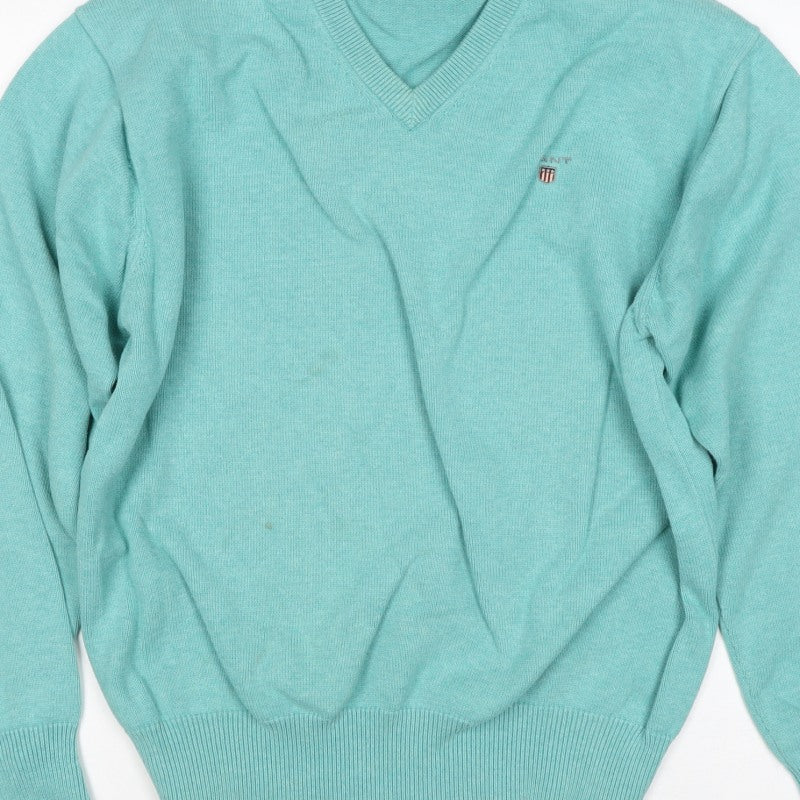 GANT Women Blue L Cotton V-Neck Logo Knit Pullover Jumper
