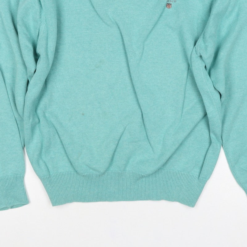 GANT Women Blue L Cotton V-Neck Logo Knit Pullover Jumper