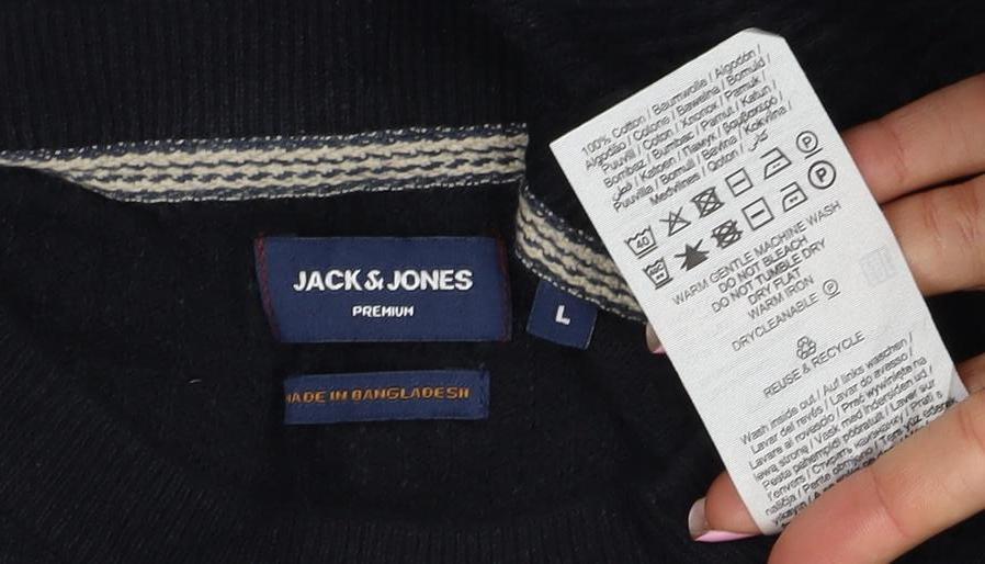 Jack & Jones Men’s Black L Rib Knit Crew Neck Cotton Pullover Jumper