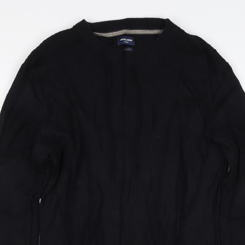 Jack & Jones Men’s Black L Rib Knit Crew Neck Cotton Pullover Jumper