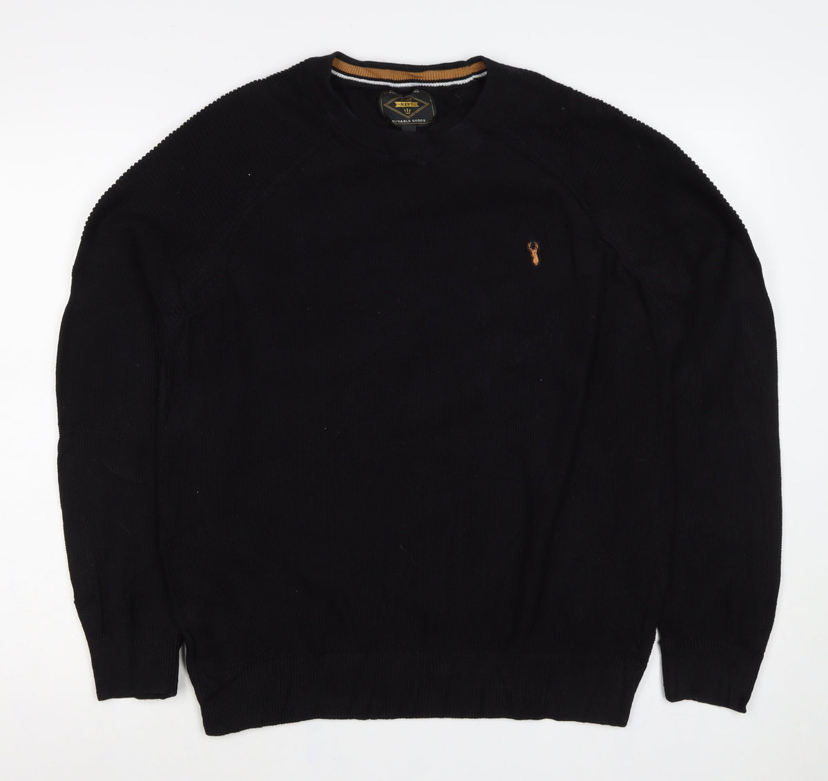 Next Men’s Black XL Cotton Crew Neck Embroidered Logo Pullover Jumper
