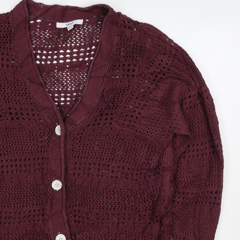 Next Women Red Cotton Open Knit V-Neck Button Cardigan UK 12