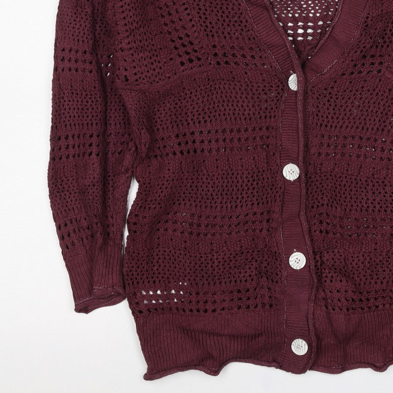 Next Women Red Cotton Open Knit V-Neck Button Cardigan UK 12