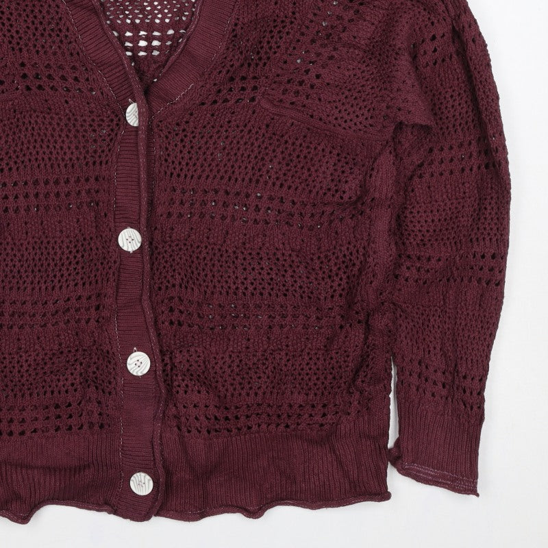 Next Women Red Cotton Open Knit V-Neck Button Cardigan UK 12