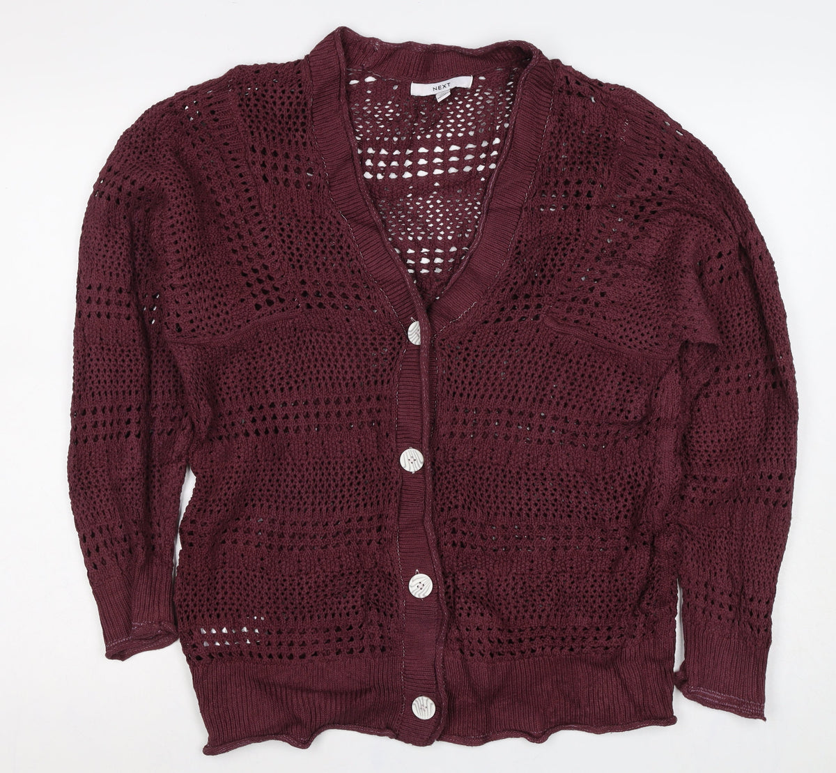 Next Women Red Cotton Open Knit V-Neck Button Cardigan UK 12