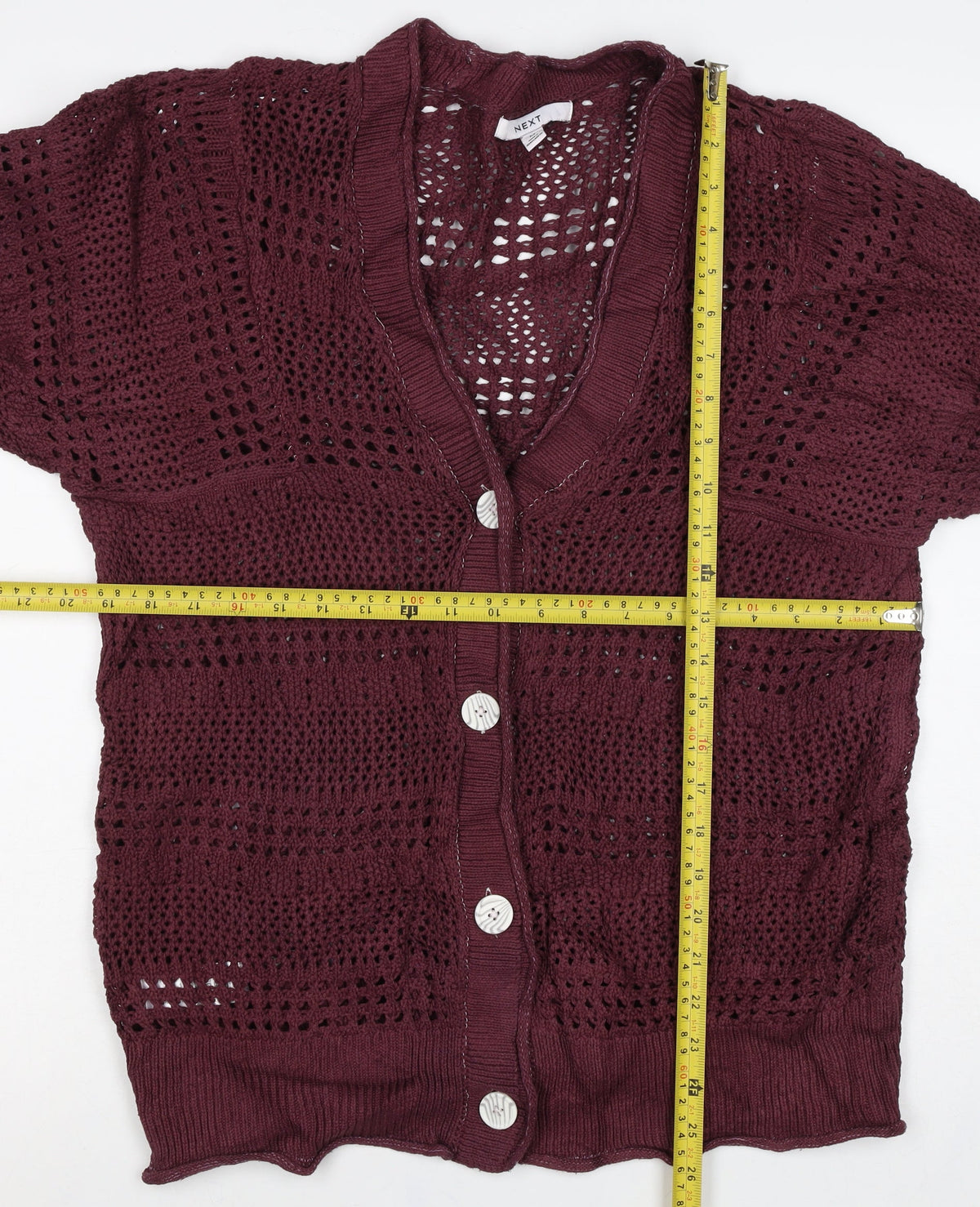 Next Women Red Cotton Open Knit V-Neck Button Cardigan UK 12