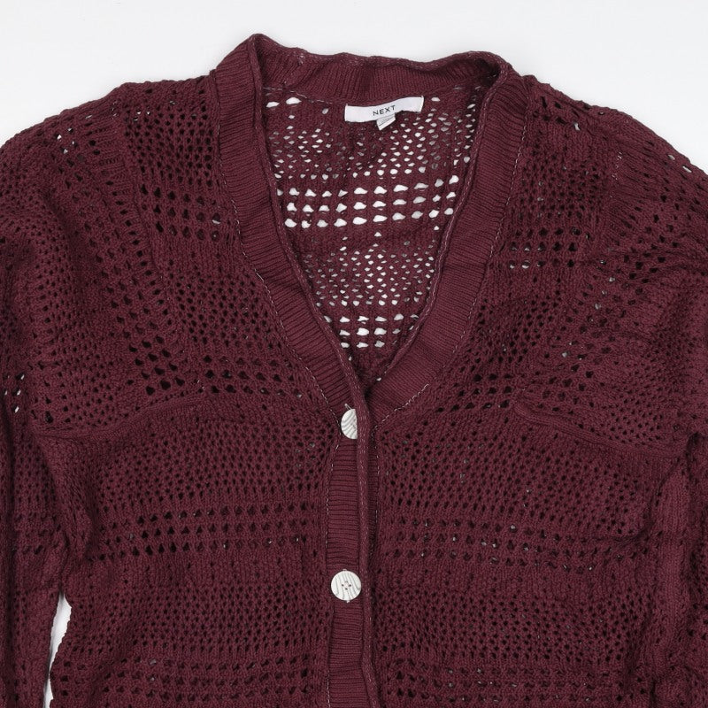 Next Women Red Cotton Open Knit V-Neck Button Cardigan UK 12