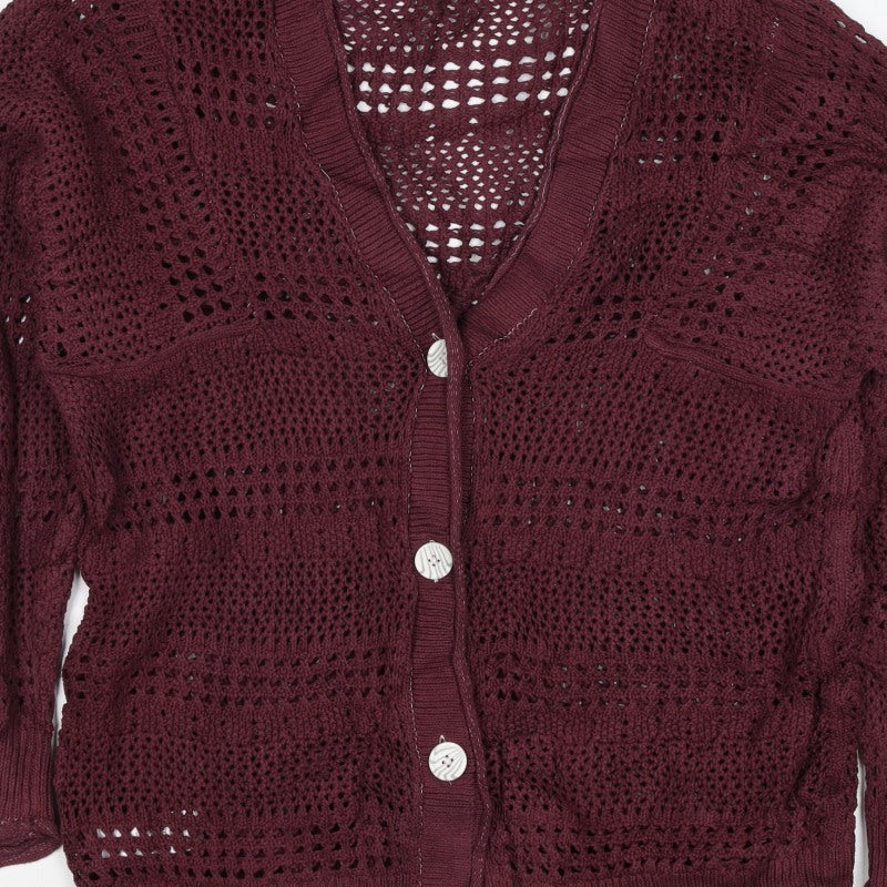 Next Women Red Cotton Open Knit V-Neck Button Cardigan UK 12