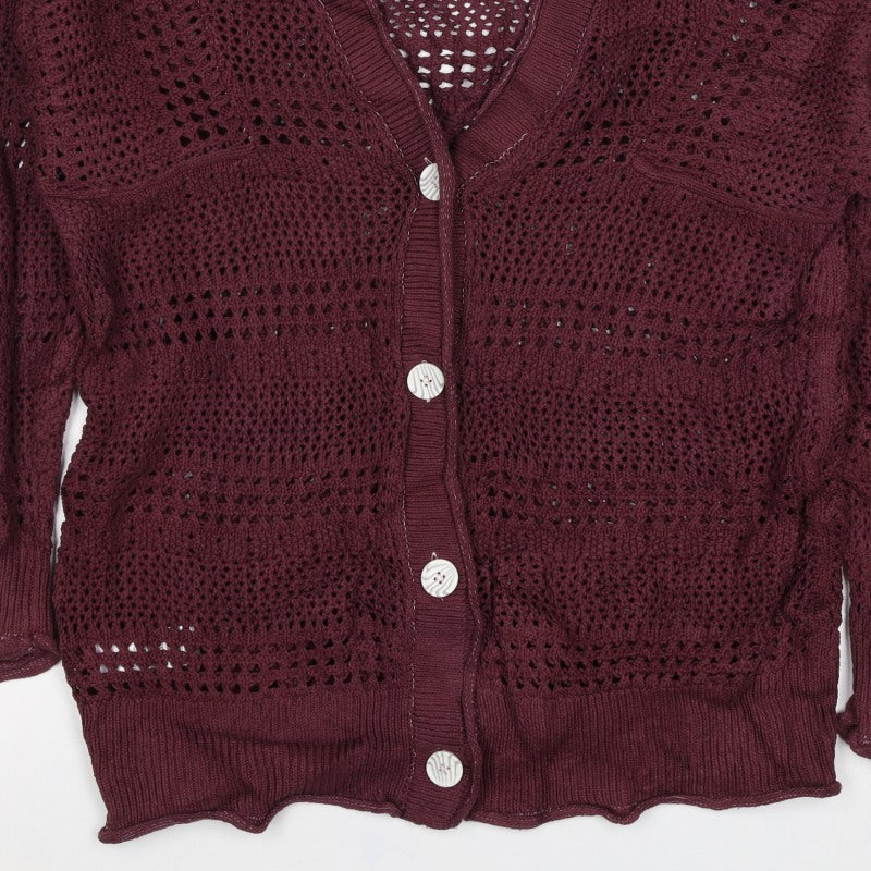 Next Women Red Cotton Open Knit V-Neck Button Cardigan UK 12