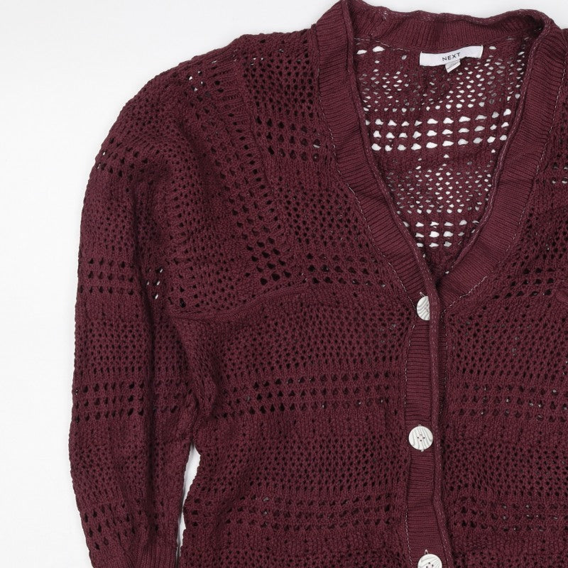 Next Women Red Cotton Open Knit V-Neck Button Cardigan UK 12