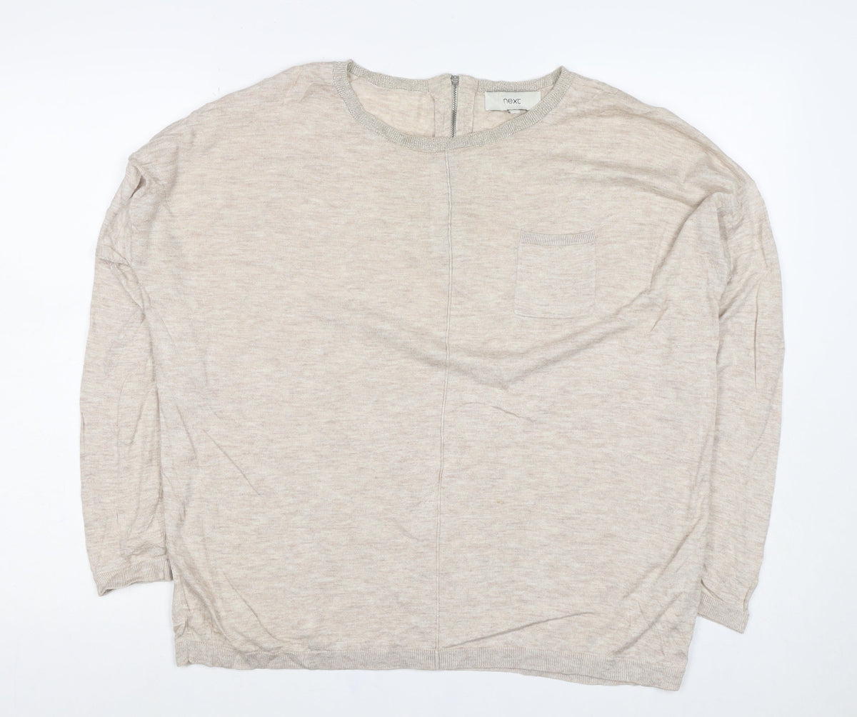 Next Women’s Beige UK 16 Linen Knit Long Sleeve Basic Top Zip