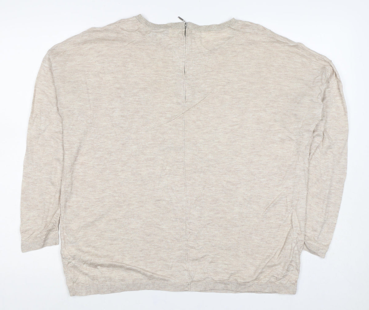 Next Women’s Beige UK 16 Linen Knit Long Sleeve Basic Top Zip