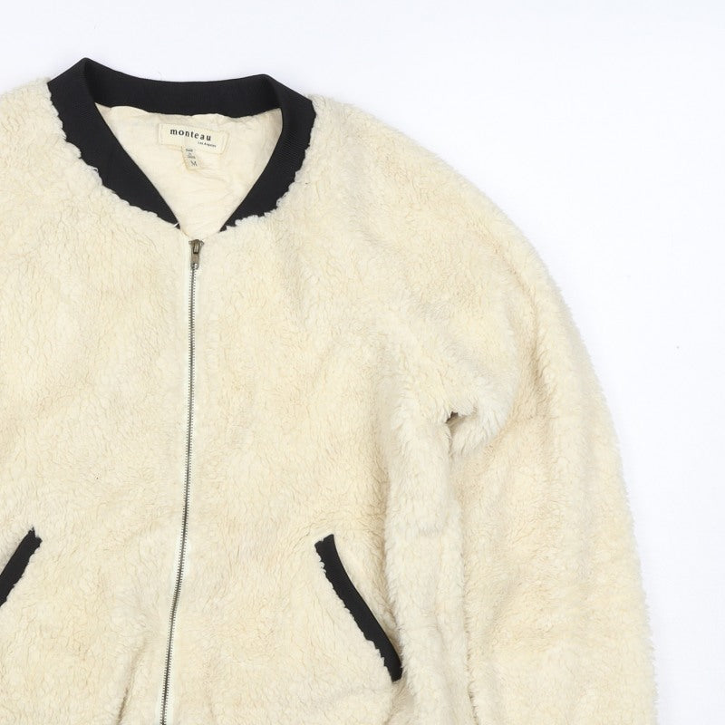 Monteau Women Ivory Teddy Fleece Bomber Jacket Size M Full Zip