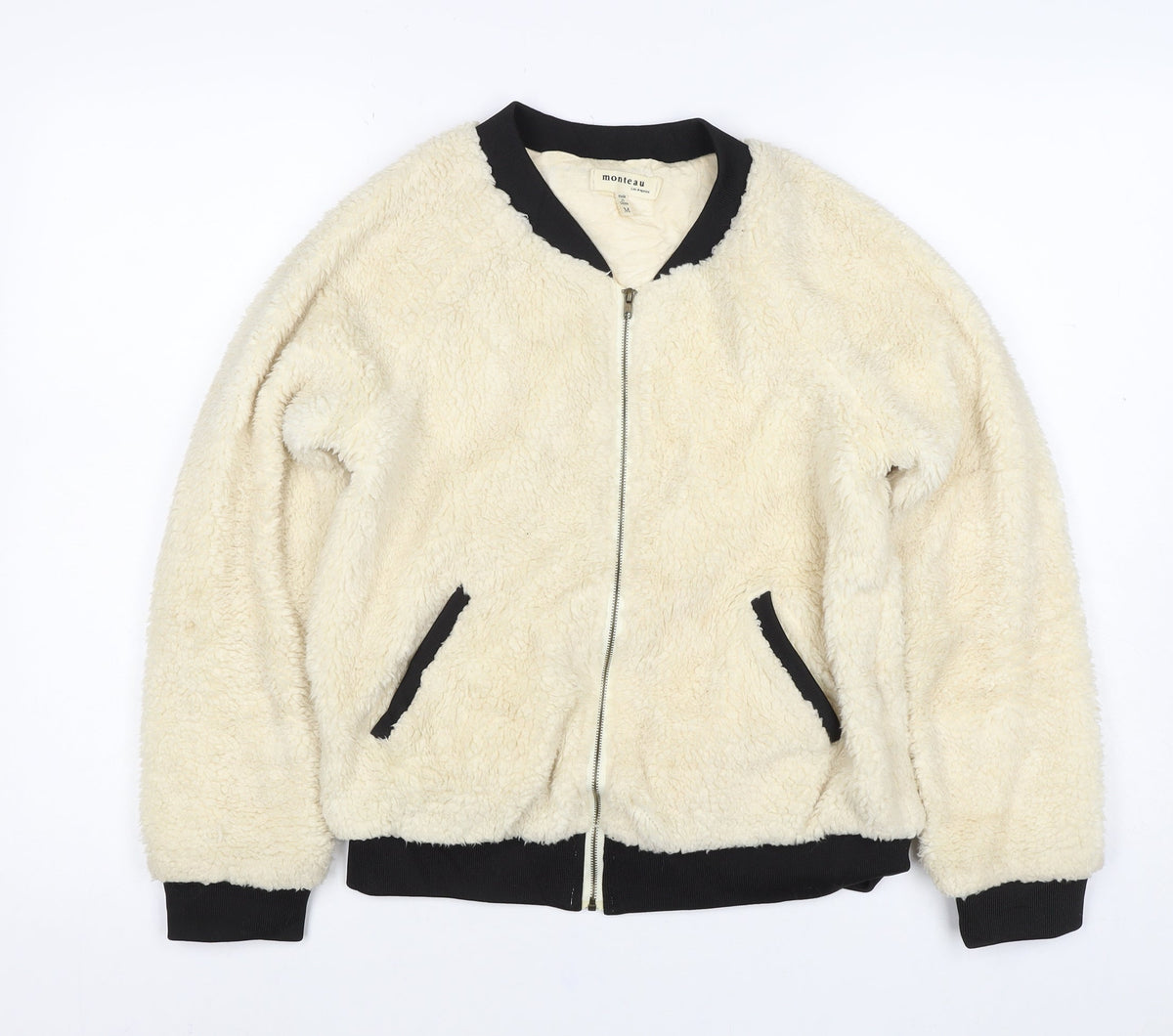 Monteau Women Ivory Teddy Fleece Bomber Jacket Size M Full Zip
