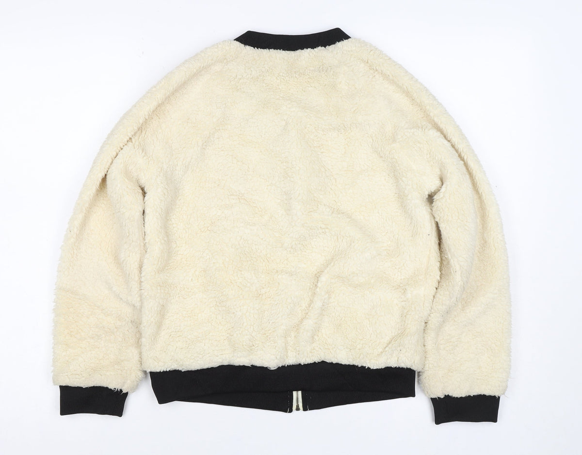 Monteau Women Ivory Teddy Fleece Bomber Jacket Size M Full Zip