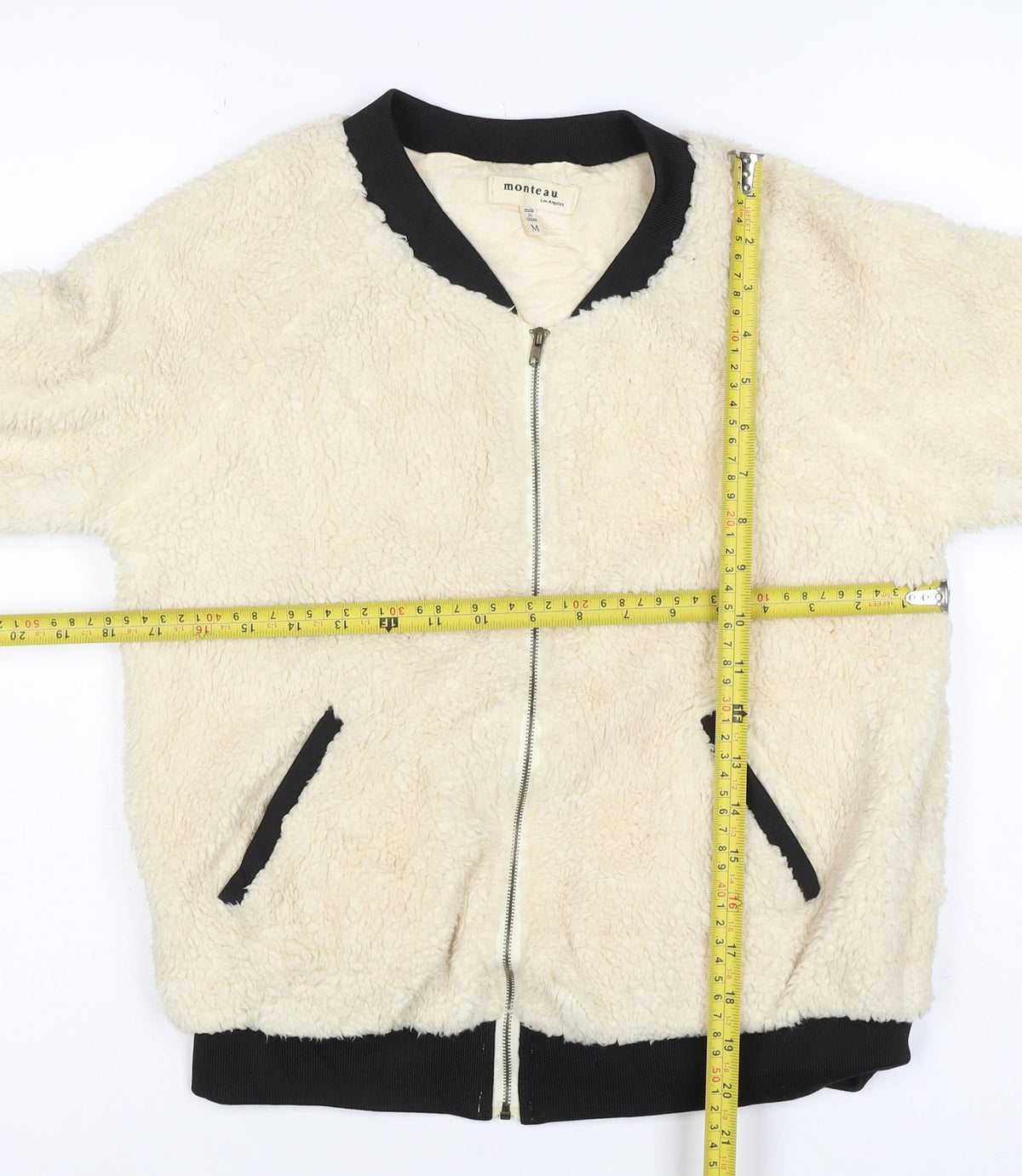 Monteau Women Ivory Teddy Fleece Bomber Jacket Size M Full Zip