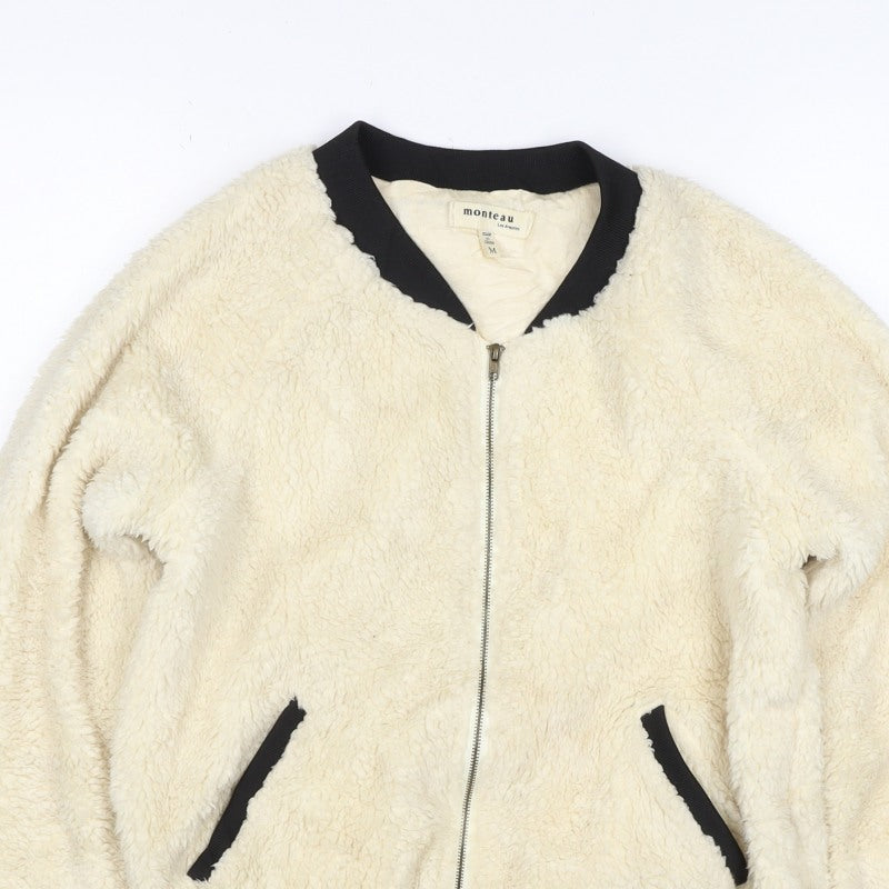 Monteau Women Ivory Teddy Fleece Bomber Jacket Size M Full Zip