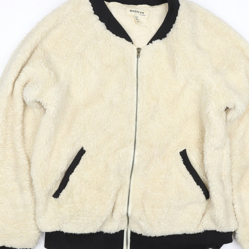 Monteau Women Ivory Teddy Fleece Bomber Jacket Size M Full Zip