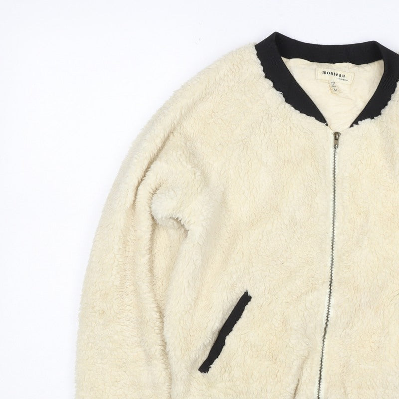 Monteau Women Ivory Teddy Fleece Bomber Jacket Size M Full Zip