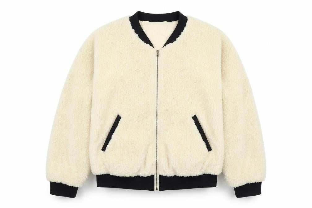 Monteau Women Ivory Teddy Fleece Bomber Jacket Size M Full Zip