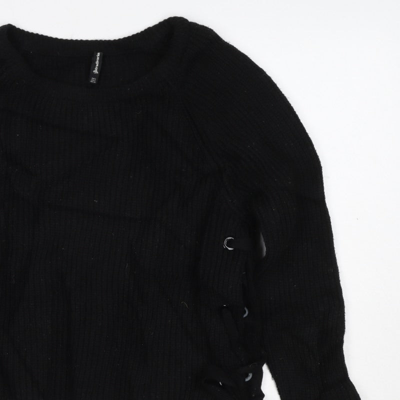 Stradivarius Women Black UK 8 Rib Knit Lace-Up Side Pullover Jumper