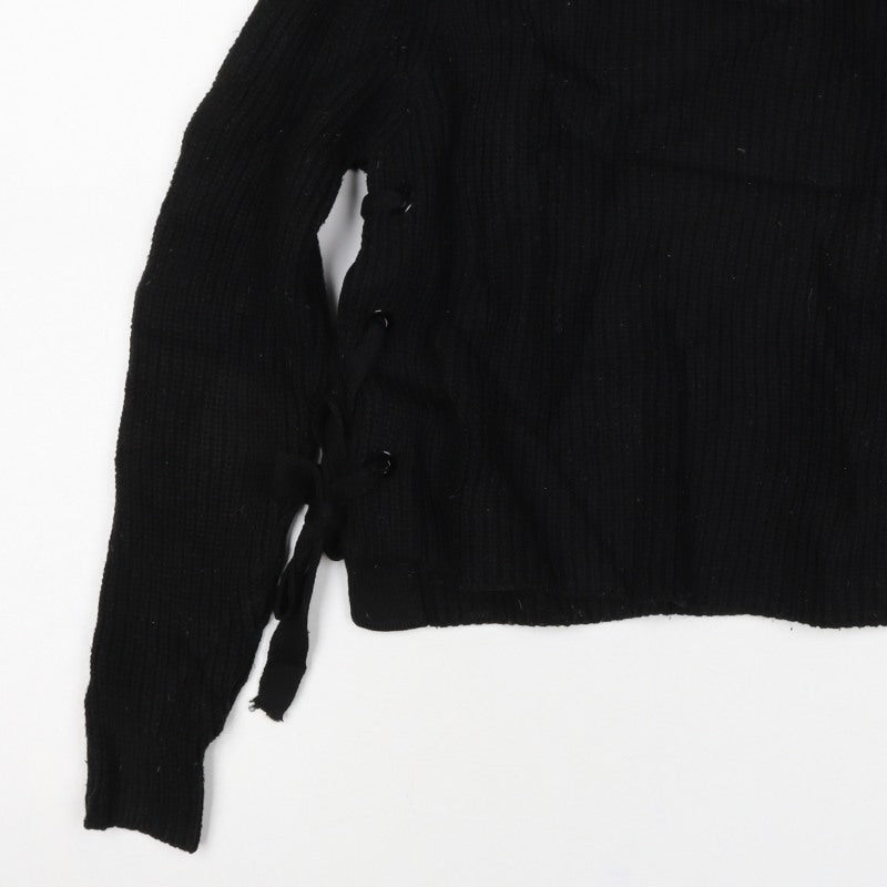 Stradivarius Women Black UK 8 Rib Knit Lace-Up Side Pullover Jumper