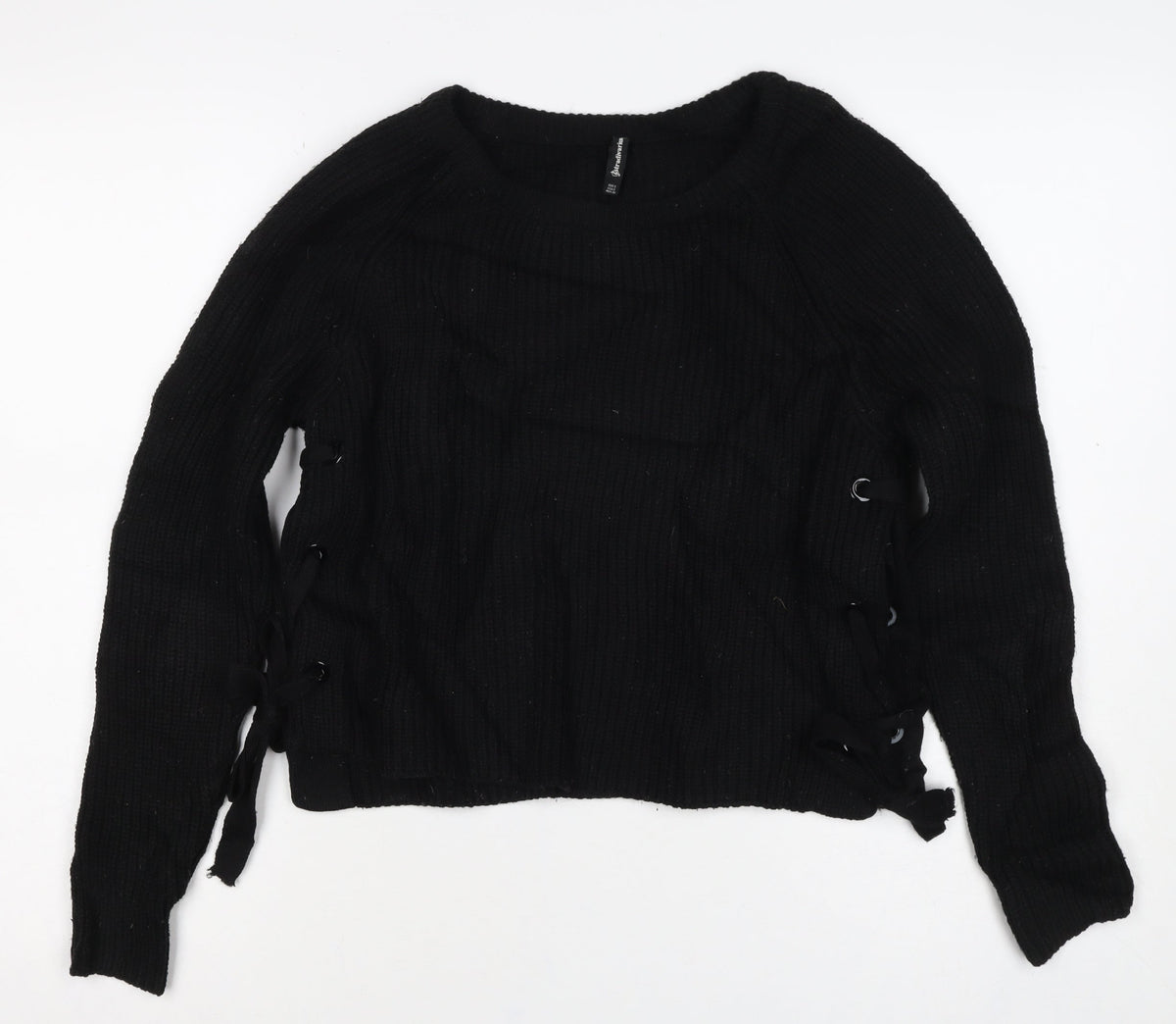 Stradivarius Women Black UK 8 Rib Knit Lace-Up Side Pullover Jumper