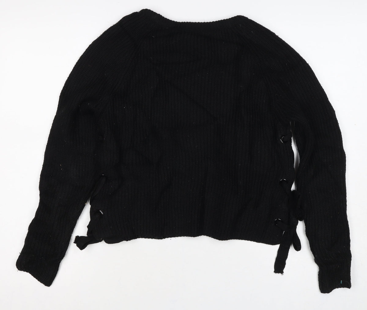 Stradivarius Women Black UK 8 Rib Knit Lace-Up Side Pullover Jumper