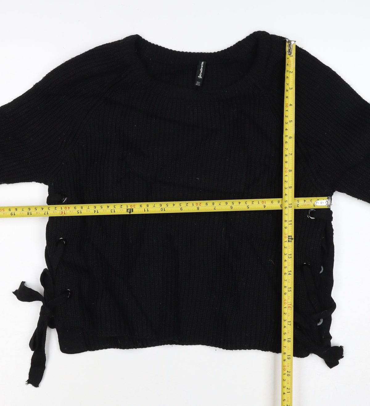 Stradivarius Women Black UK 8 Rib Knit Lace-Up Side Pullover Jumper
