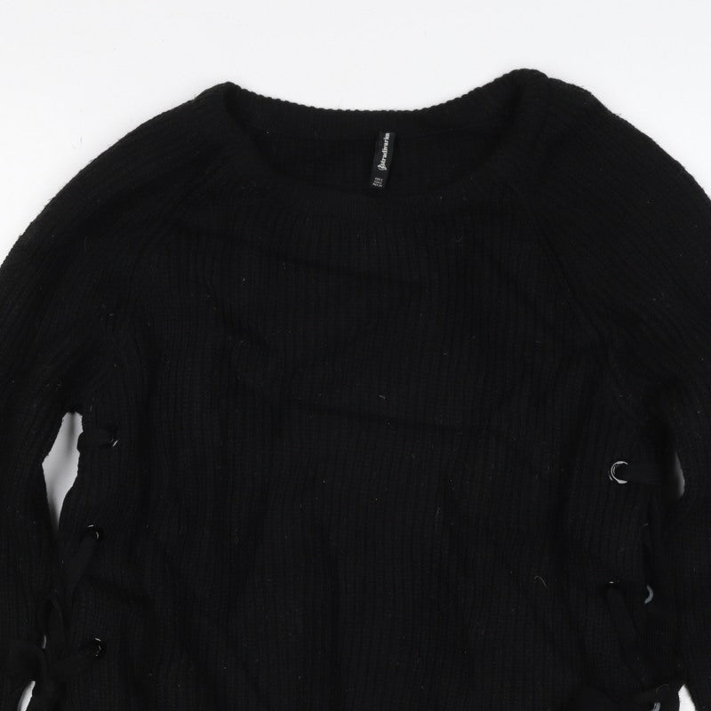 Stradivarius Women Black UK 8 Rib Knit Lace-Up Side Pullover Jumper
