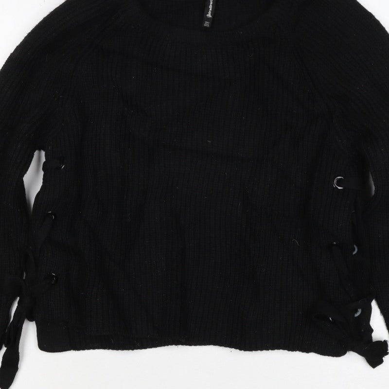 Stradivarius Women Black UK 8 Rib Knit Lace-Up Side Pullover Jumper
