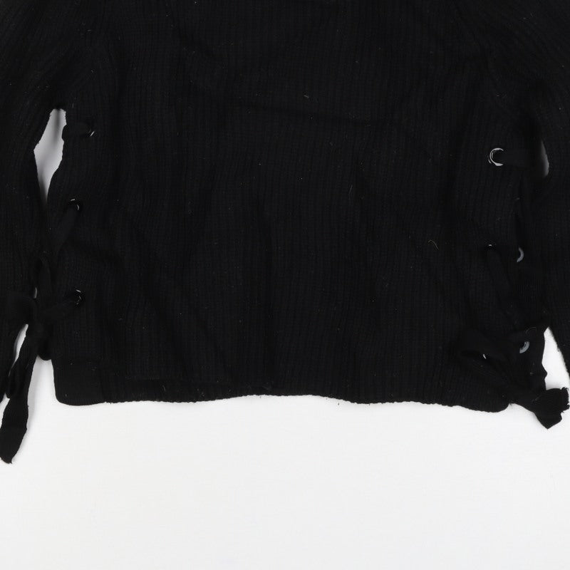 Stradivarius Women Black UK 8 Rib Knit Lace-Up Side Pullover Jumper