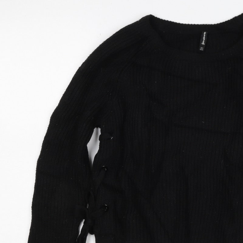 Stradivarius Women Black UK 8 Rib Knit Lace-Up Side Pullover Jumper