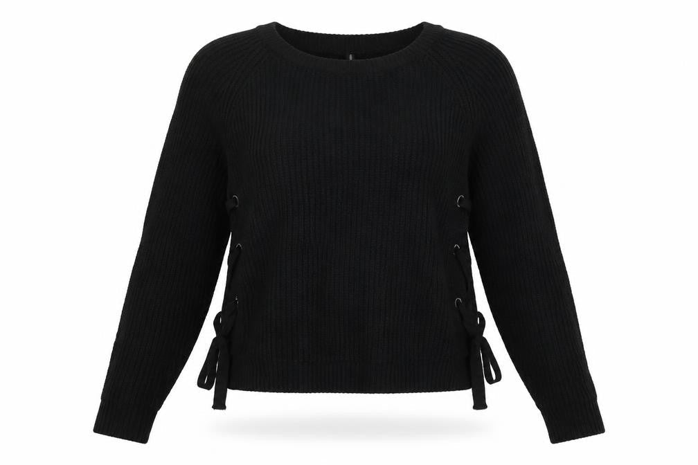 Stradivarius Women Black UK 8 Rib Knit Lace-Up Side Pullover Jumper