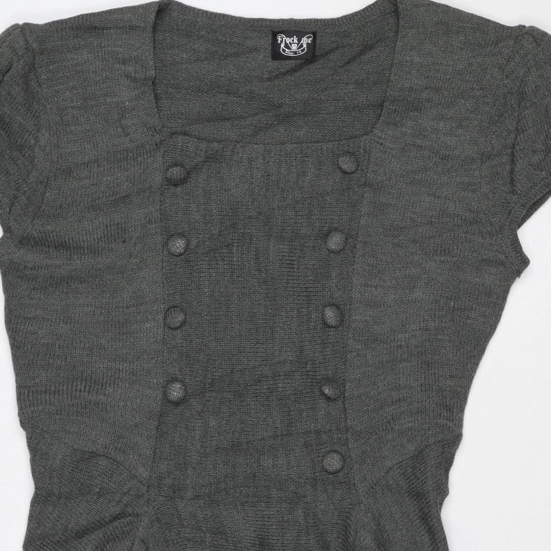 Frock me Women Grey Size 14 Knit Jumper Dress Long Sleeve Button Front