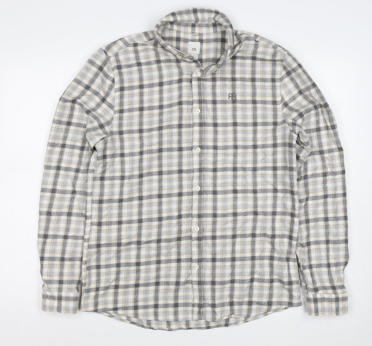 River Island Men’s Grey Check Button-Down Long Sleeve Shirt M