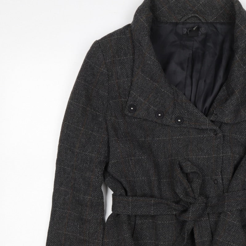 H&M Women’s Grey Wool Blend Belted Herringbone Check Jacket UK 18