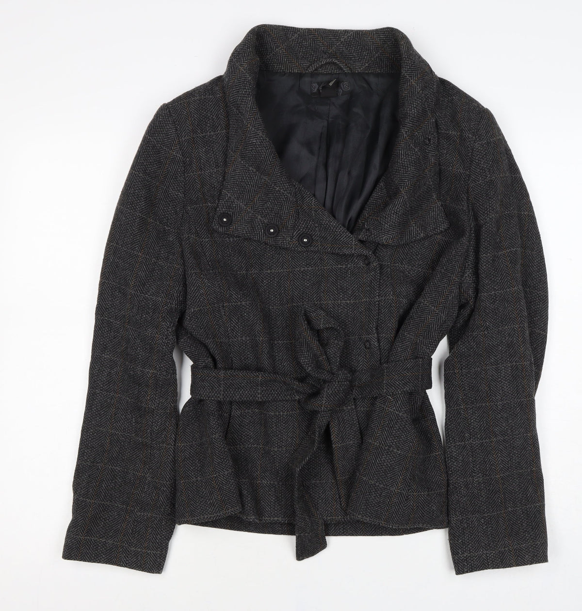 H&M Women’s Grey Wool Blend Belted Herringbone Check Jacket UK 18