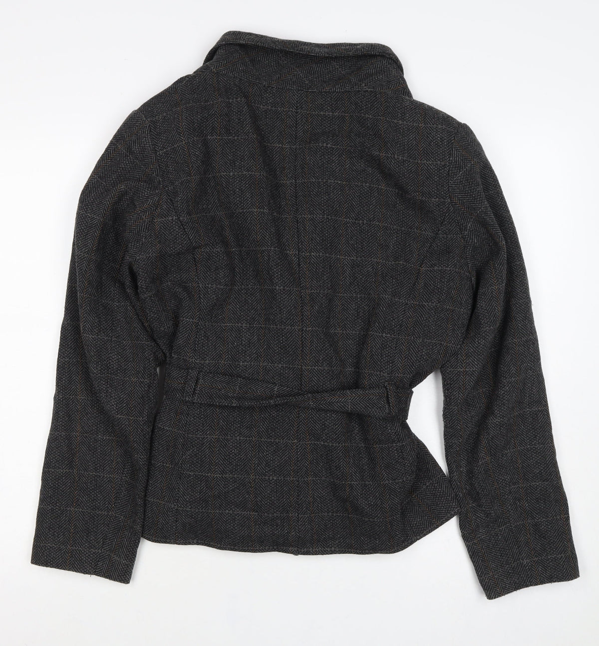 H&M Women’s Grey Wool Blend Belted Herringbone Check Jacket UK 18