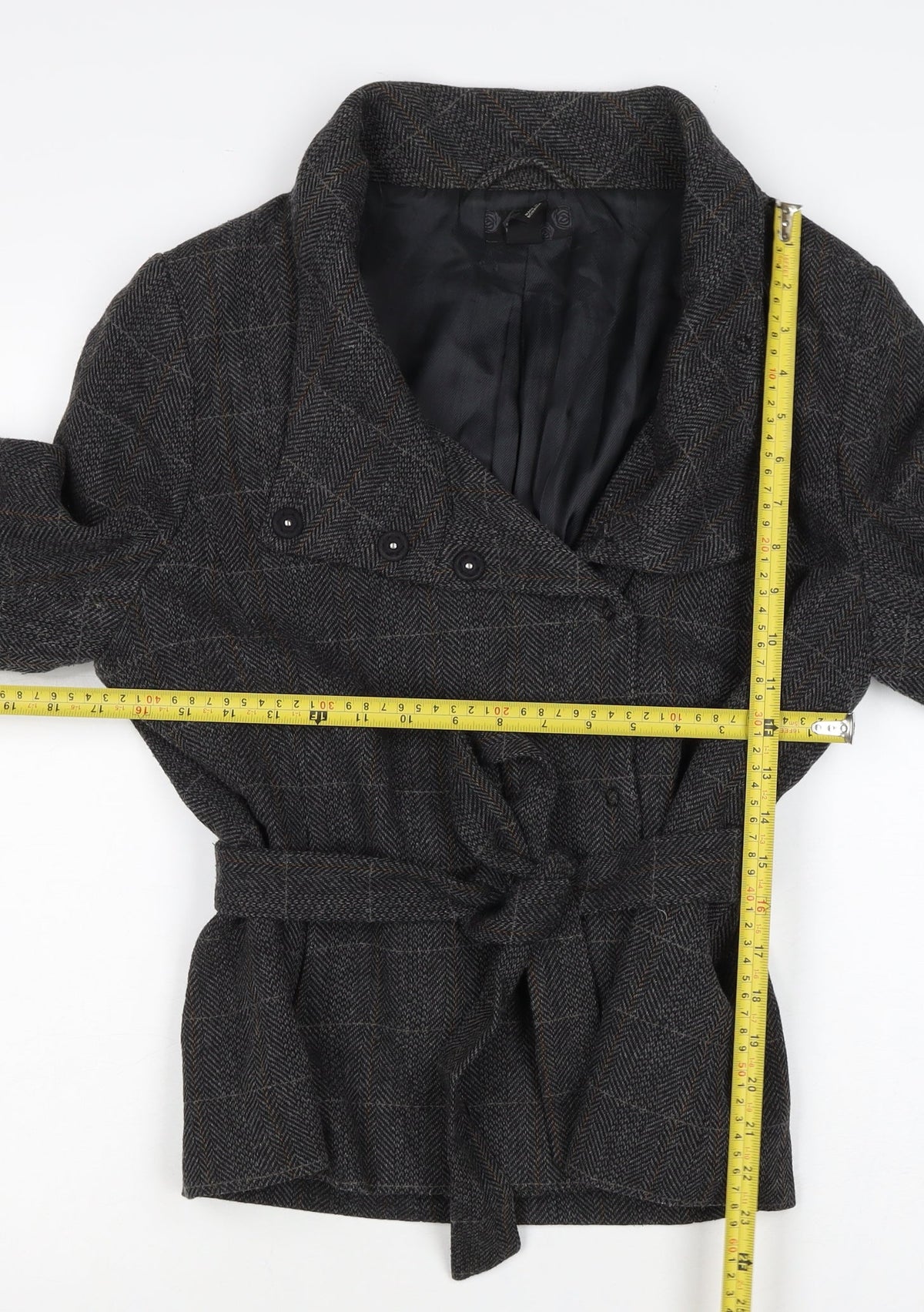 H&M Women’s Grey Wool Blend Belted Herringbone Check Jacket UK 18