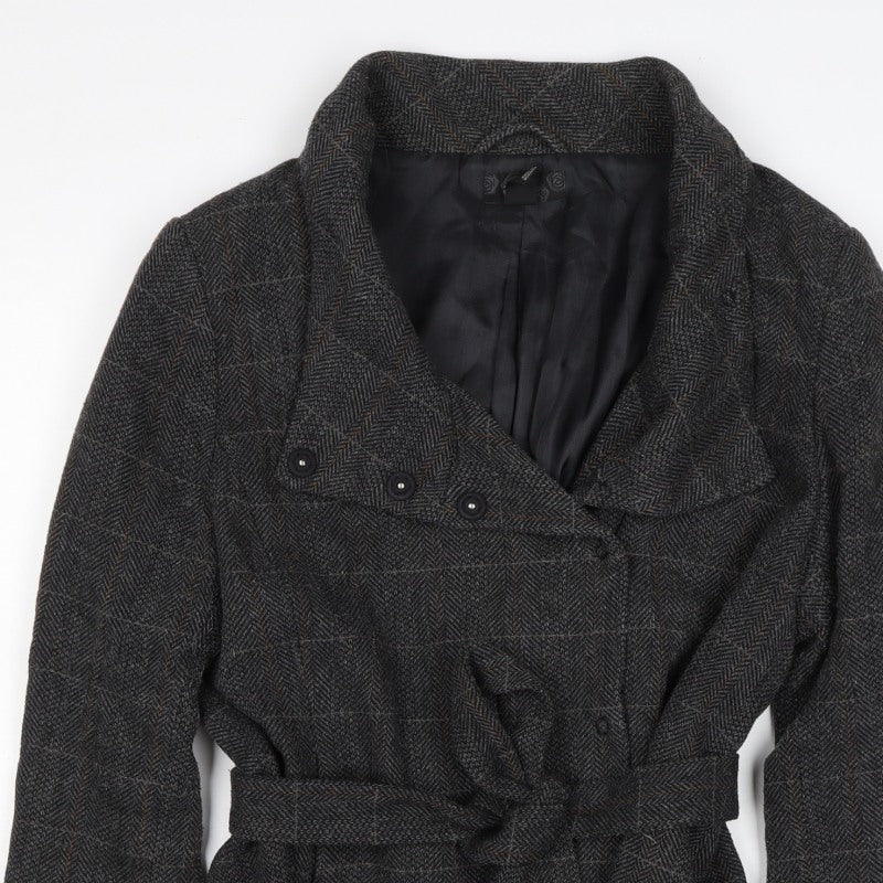 H&M Women’s Grey Wool Blend Belted Herringbone Check Jacket UK 18