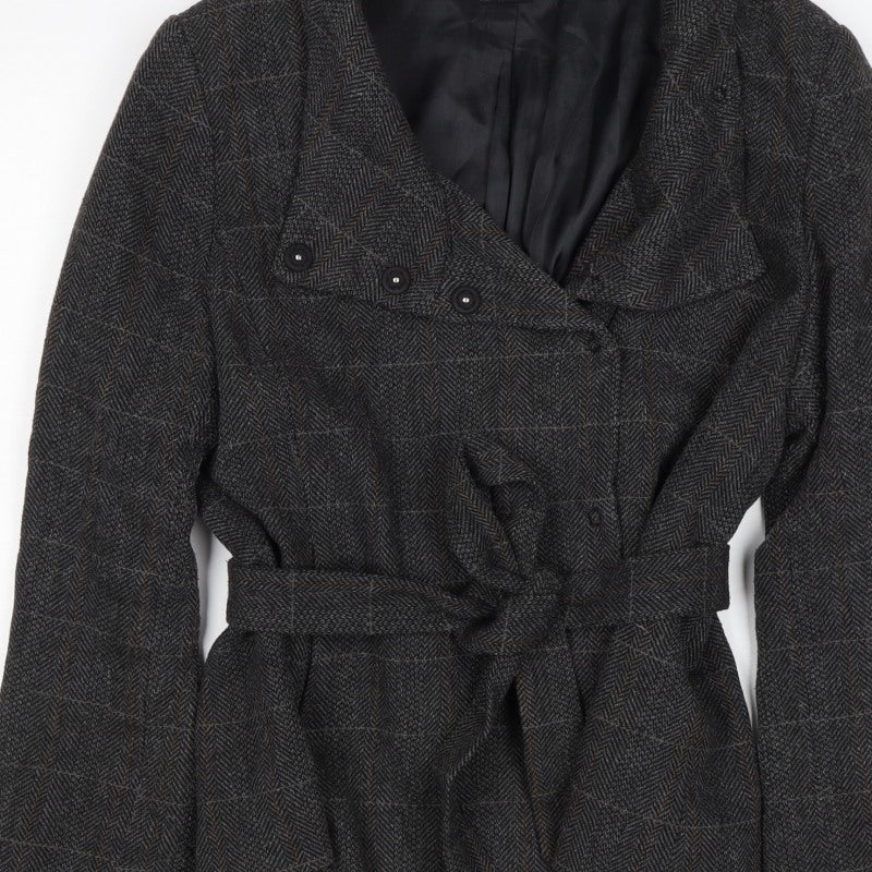 H&M Women’s Grey Wool Blend Belted Herringbone Check Jacket UK 18