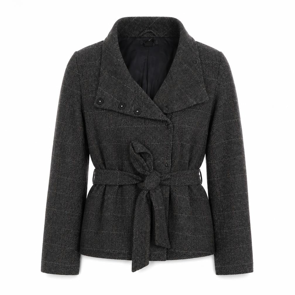H&M Women’s Grey Wool Blend Belted Herringbone Check Jacket UK 18