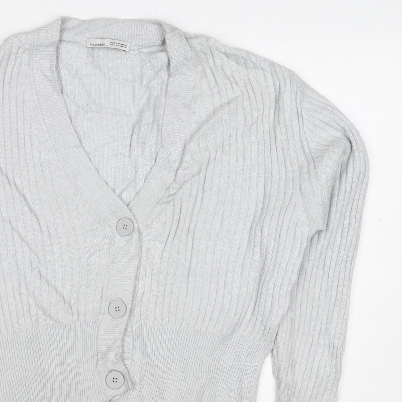 Pull&Bear Women Grey UK 12 Cable Knit V-Neck Button Cardigan
