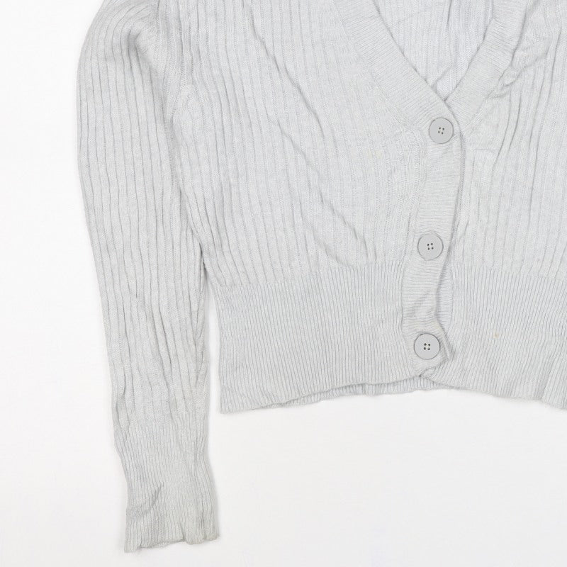 Pull&Bear Women Grey UK 12 Cable Knit V-Neck Button Cardigan