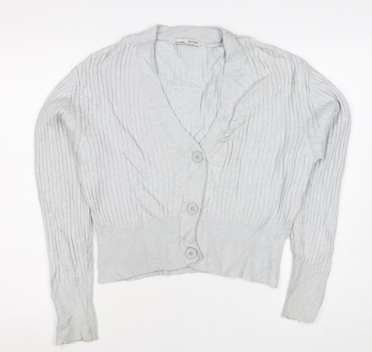 Pull&Bear Women Grey UK 12 Cable Knit V-Neck Button Cardigan